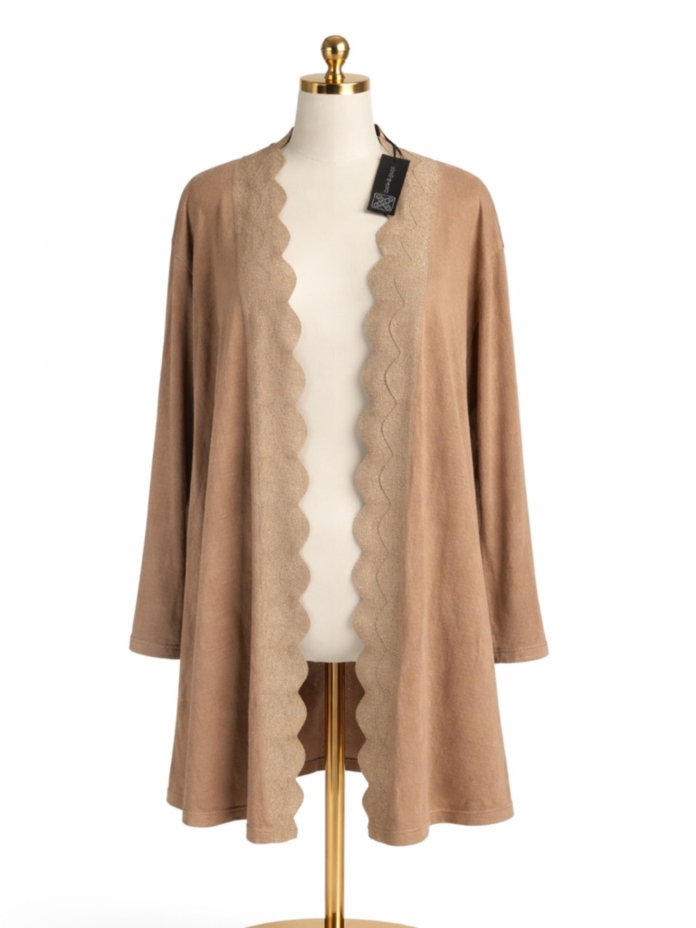 Cable & Gauge Scalloped Open Front Cardigan Metallic Trim Lightweight Duster